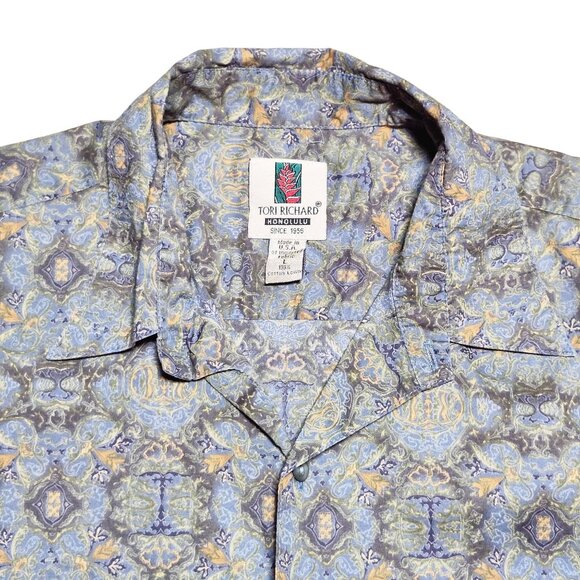 Tori Richard Honolulu Hawaiian Aloha Shirt Mens Button-Up Shirt Large Gray Blue - Picture 4 of 9